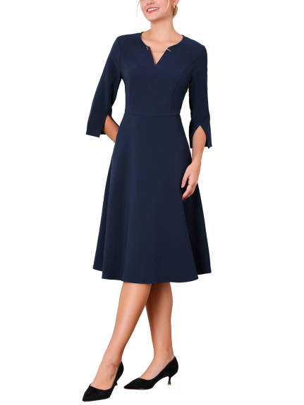 Hobemty - V-Neck 3/4 Sleeve A-Line Midi Dress