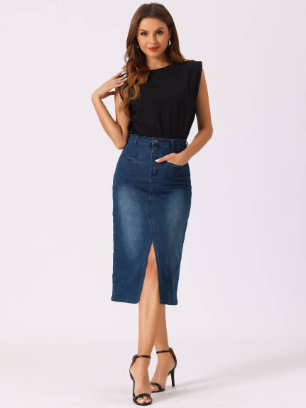 Allegra K- High Waist Slit Front Midi Denim Skirt