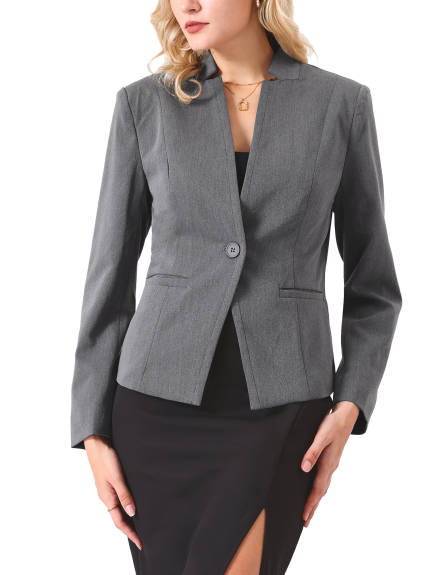 Hobemty - Collarless V Neck Long Sleeve Blazer