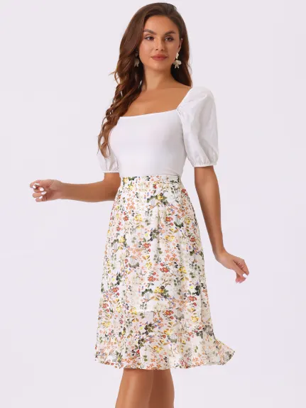 Allegra K- Floral Ruffle A-Line Split Midi Skirt