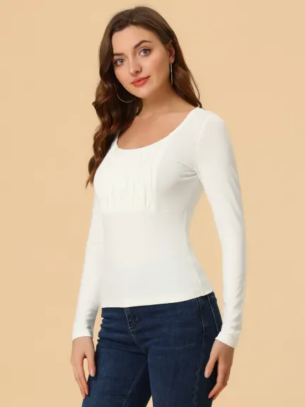 Allegra K - Scoop Neck Long Sleeves Ruched Fitted Top