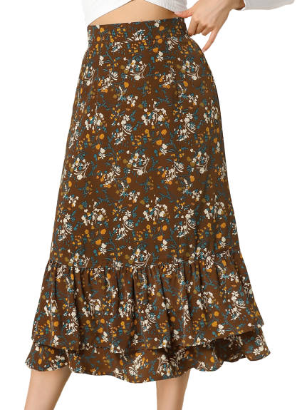 Allegra K- Printed Chiffon Ruffle Tiered Zipper Midi Skirt