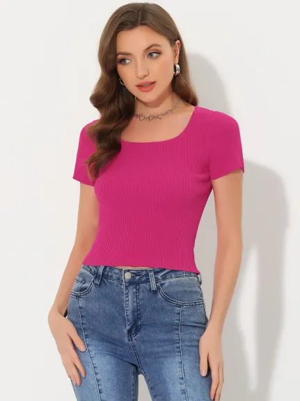 Allegra K - Summer Crop Rib Knit Slim Top