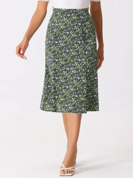 Allegra K- Elastic Waist A-Line Midi Leave Print Skirt