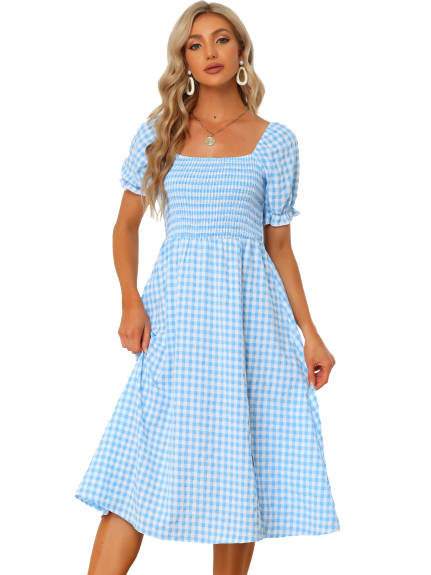 Allegra K- Midi Smocked Front Tie Back Checks Gingham Dress