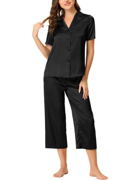 cheibear - Lounge Top and Capri Pants Satin Pajama Set