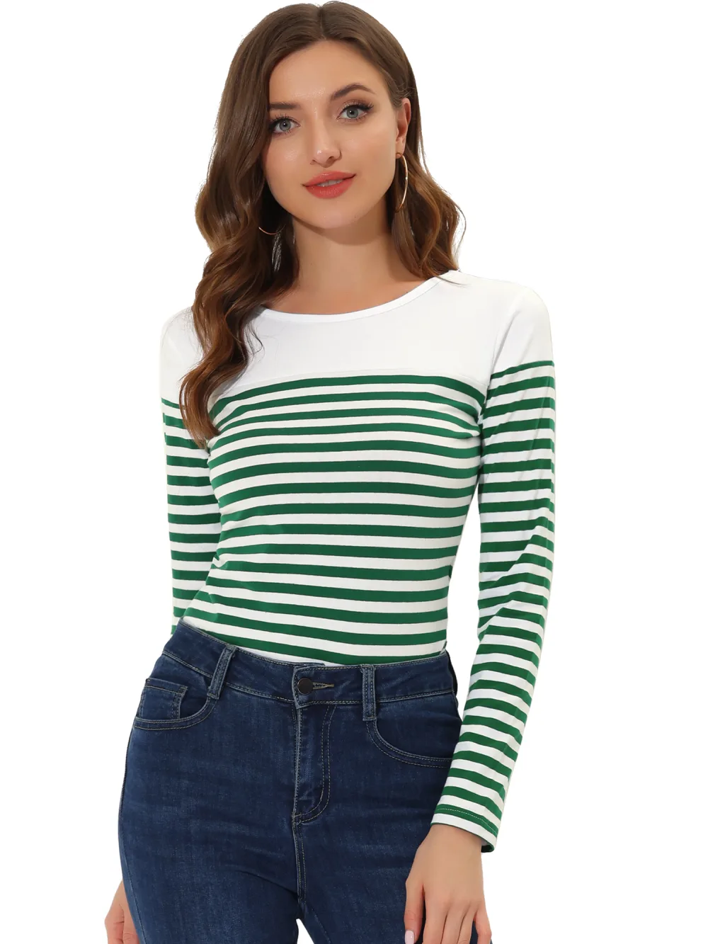 Allegra K- Striped T-Shirt Color Block Long Sleeve Round Neck