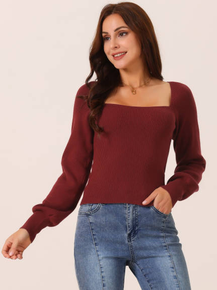 Allegra K- Bishop Sleeve Square Neck Ribbed Knit Crop Sweater Top