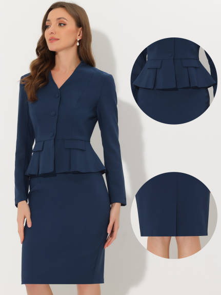 Allegra K - Collarless Peplum Blazer Skirt Business Suit