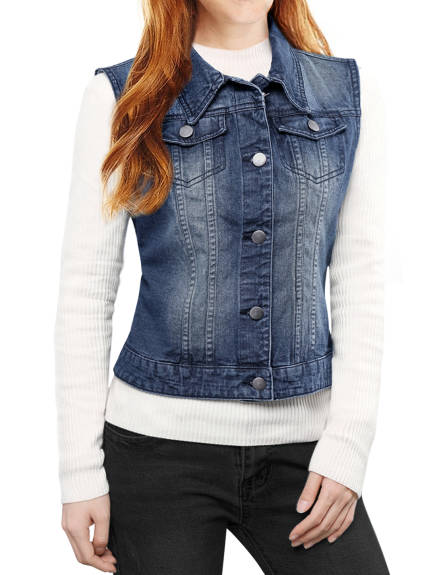 Allegra K- Washed Denim Buttoned Vest with Flap Pockets