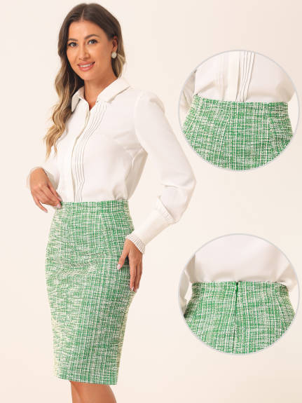 Allegra K - Tweed Plaid Slit Pencil Skirt