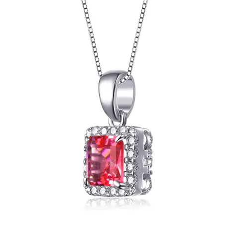 Genevive Sterling Silver with Colored Cubic Zirconia Asscher Cut Square Framed Drop Pendant Necklace