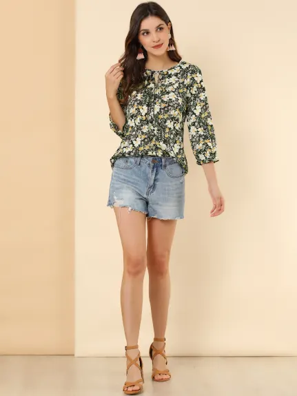 Allegra K- Tie V Neck Ruffled 3/4 Sleeve Floral Blouse