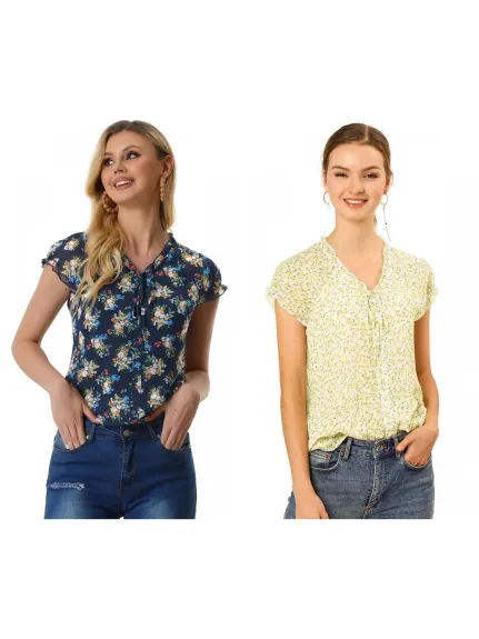 Allegra K- V Neck Summer Floral Chiffon Blouse 2-Pack