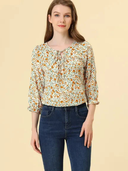 Allegra K- Tie V Neck Ruffled 3/4 Sleeve Floral Blouse