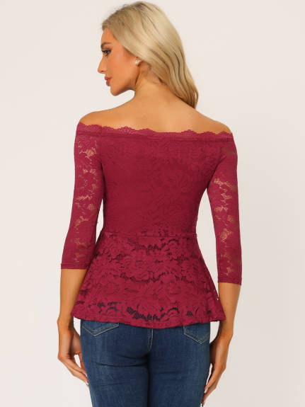 Allegra K- Floral Lace Off the Shoulder 3/4 Sleeve Peplum Top