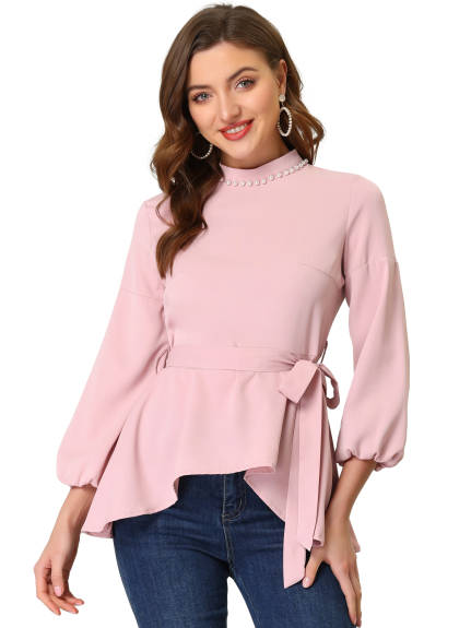 Allegra K - Mock Neck Asymmetrical Hem Belted Peplum Top