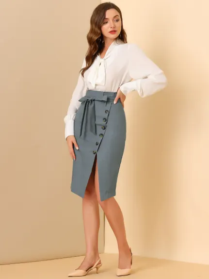 Allegra K - Button Decor Split Belted Pencil Skirt