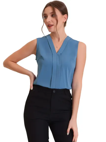 Allegra K - Pleated Front V Neck Sleeveless Work Blouse