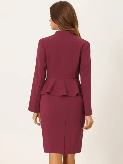 Allegra K - Collarless Peplum Blazer Skirt Business Suit