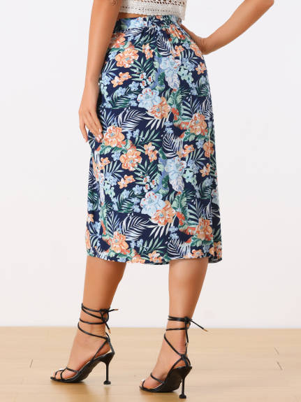 Allegra K- Flowy Ruched Front Floral Midi Skirt