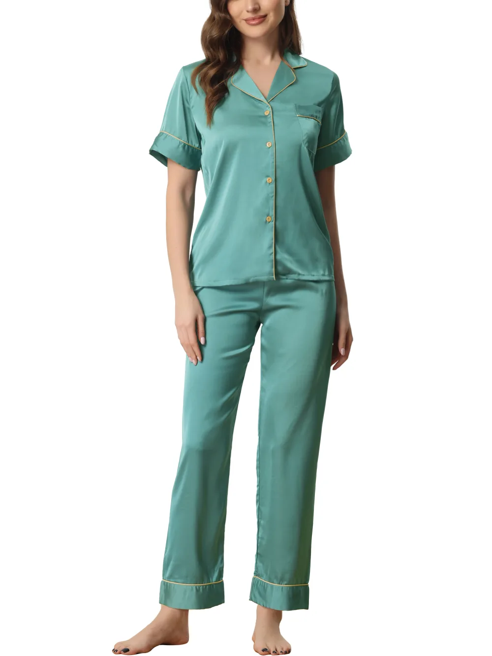 cheibear - Satin Button Shirt with Pants Pajama Set