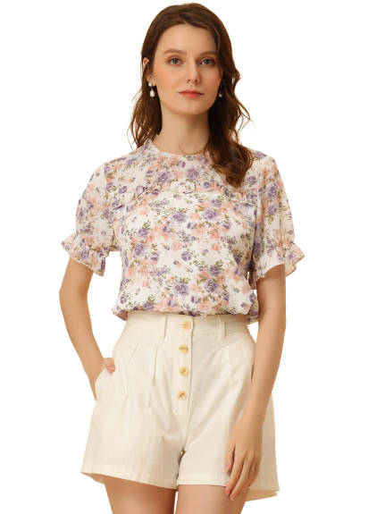 Allegra K- Chiffon Ruffled Trim Floral Blouse