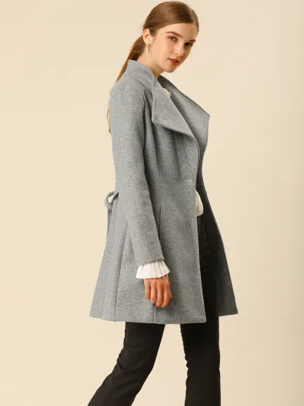 Allegra K- Classic Stand Collar Belted Long Coat