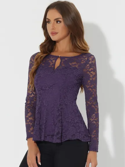 Allegra K - Long Sleeve Lace Sheer Peplum Top