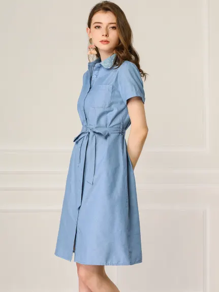 Allegra K- Button Down Belted Denim Shirt Dress