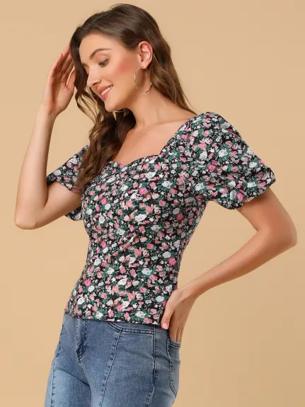 Allegra K- Puff Sleeve Sweetheart Neck Smocked Floral Top