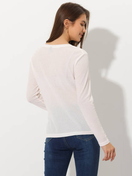 Allegra K - Waffle V Neck Long Sleeve Top