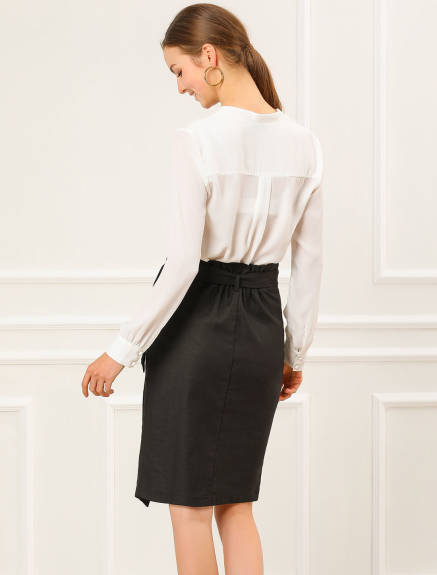 Allegra K - Button Decor Split Belted Pencil Skirt