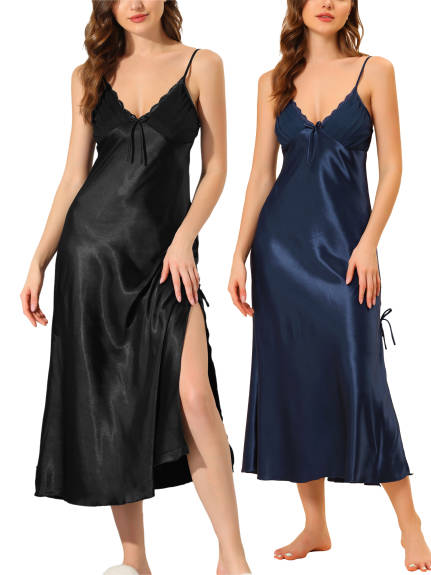 cheibear - V-Neck Satin Cami Nightgown 2-Pack, Black