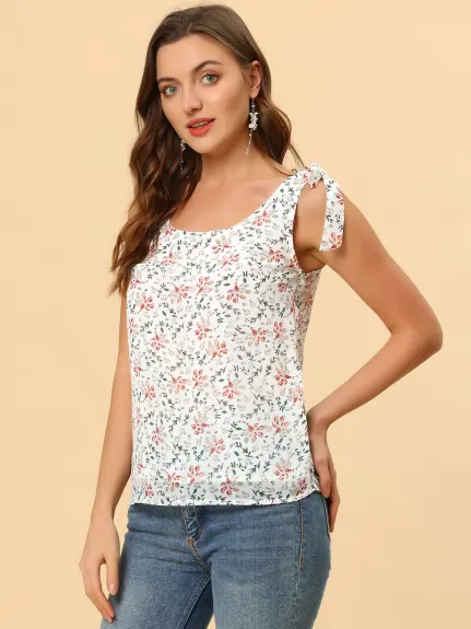 Allegra K- Floral Tie Straps Chiffon Tank Top