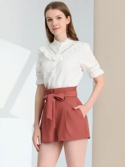 Allegra K- Bow Belt High Paper Bag Waist Shorts