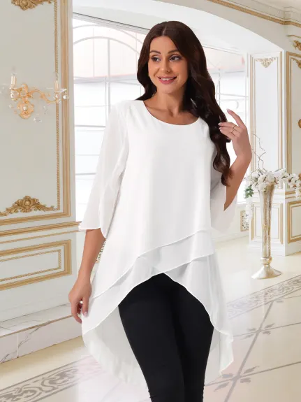 Allegra K - High Low Scoop Neck 3/4 Sleeve Blouse