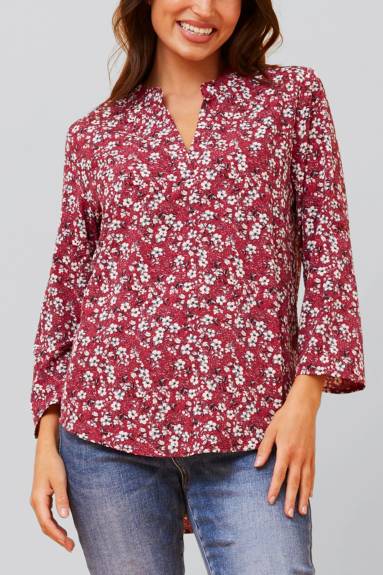 Annick - Elie Top Floral Ditsy Print V Neck Blouse Red