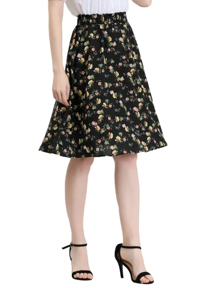 Allegra K- Floral Printed Knee Length A-Line Skirt