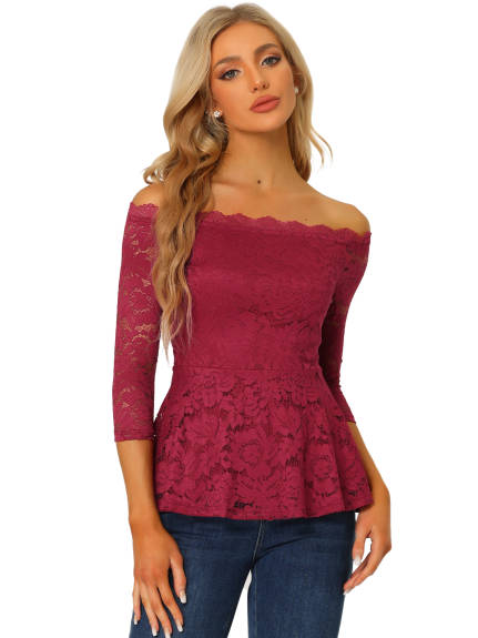 Allegra K- Floral Lace Off the Shoulder 3/4 Sleeve Peplum Top