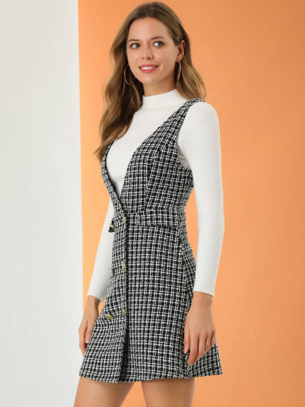 Allegra K - Elegant Button Plaid Tweed Overalls Skirt