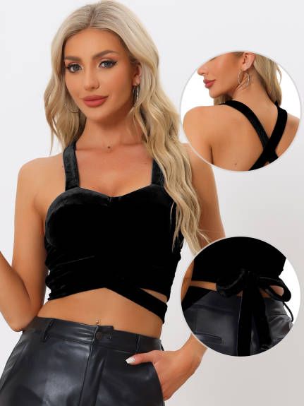 Allegra K- Velvet Cami Spaghetti Strap Deep V Crop Top