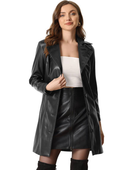 Allegra K - Notched Lapel Collar Faux Leather Long Jacket