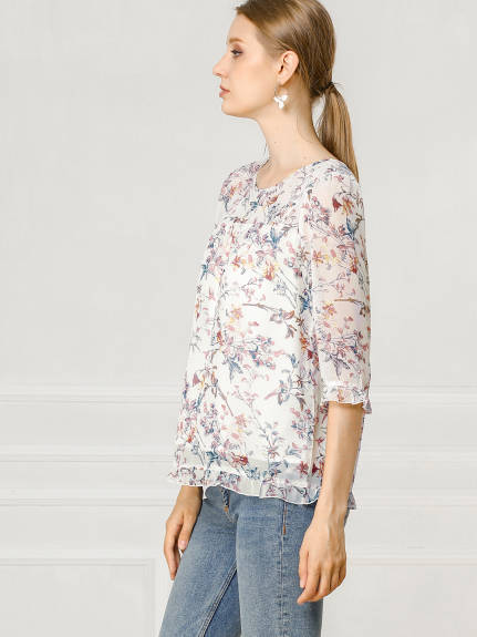 Allegra K- Floral Ruffled 3/4 Sleeve Blouse