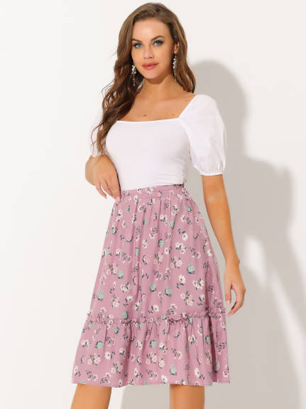 Allegra K- Ruffle Hem Tiered A-Line Floral Midi Skirt