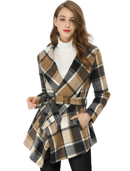 Allegra K- Turn Down Collar Asymmetric Hem Plaids Coat