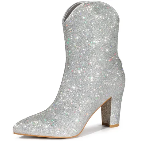 Allegra K - V Shape Pointed Toe Glitter Mid Calf Boots