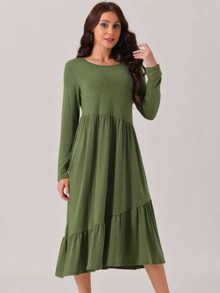 Allegra K - Long Sleeve Pleated Tiered Swing Dress