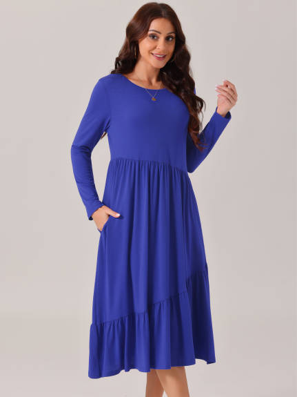 Allegra K - Long Sleeve Pleated Tiered Swing Dress