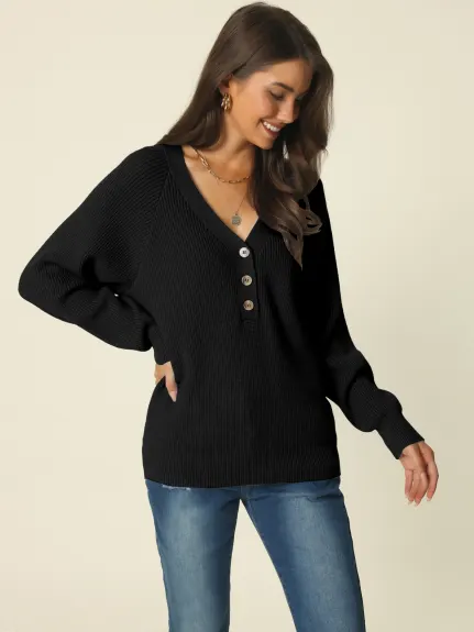 Allegra K - Haut pull en tricot côtelé boutonné à col en V